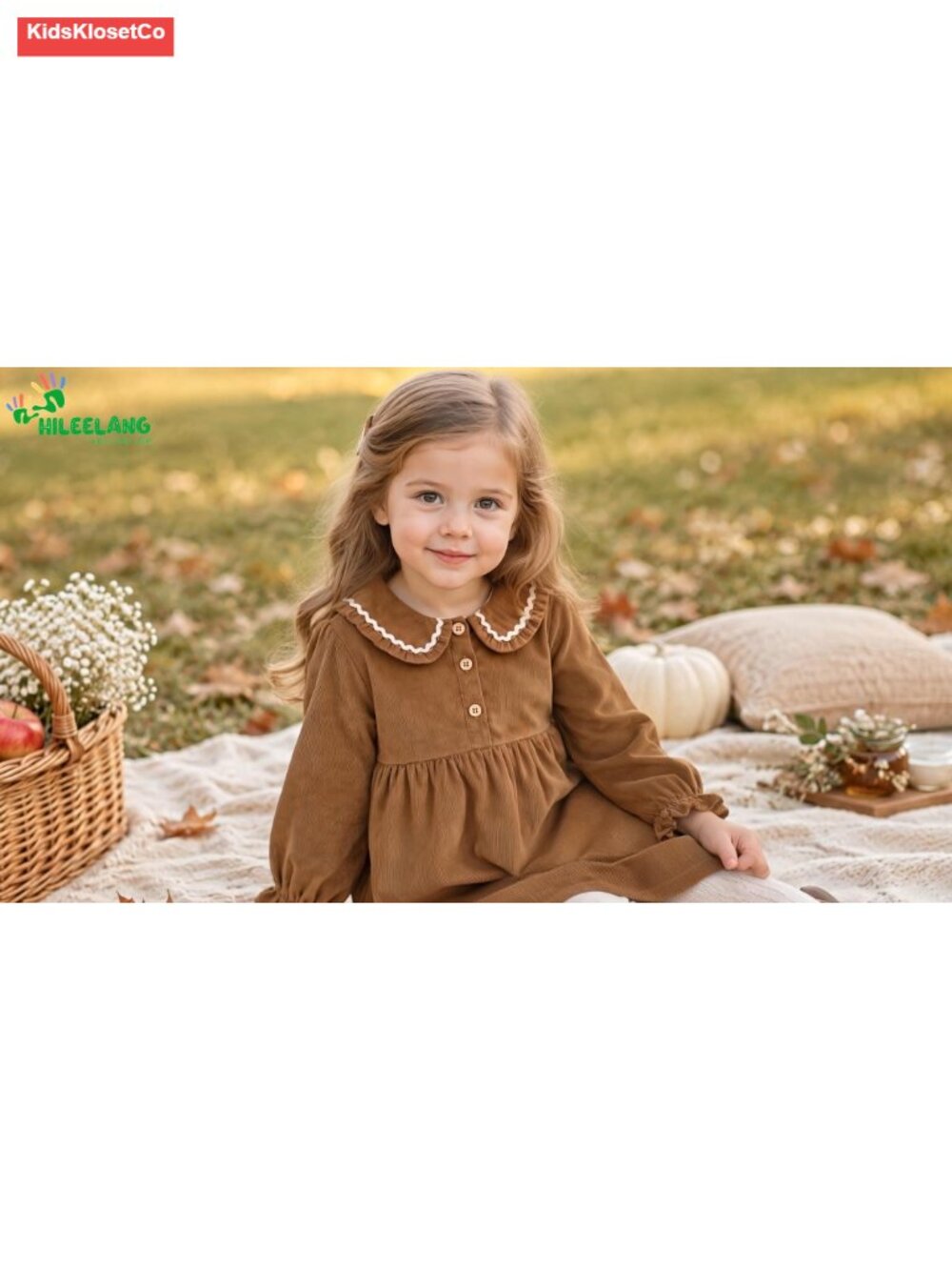 Girls Corduroy Dress Long Sleeve Cotton Peter Pan Collar Button - Picture 6 of 6